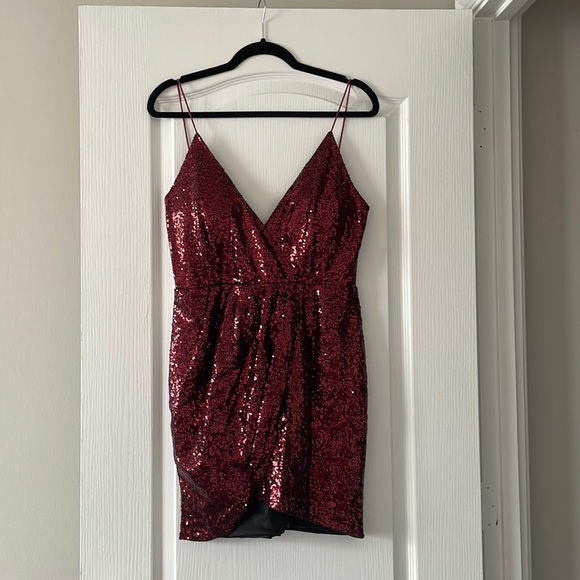 Deep V Neck Backless Sequin Wrap Dress Burgundy SHEIN - Picture 2 of 7